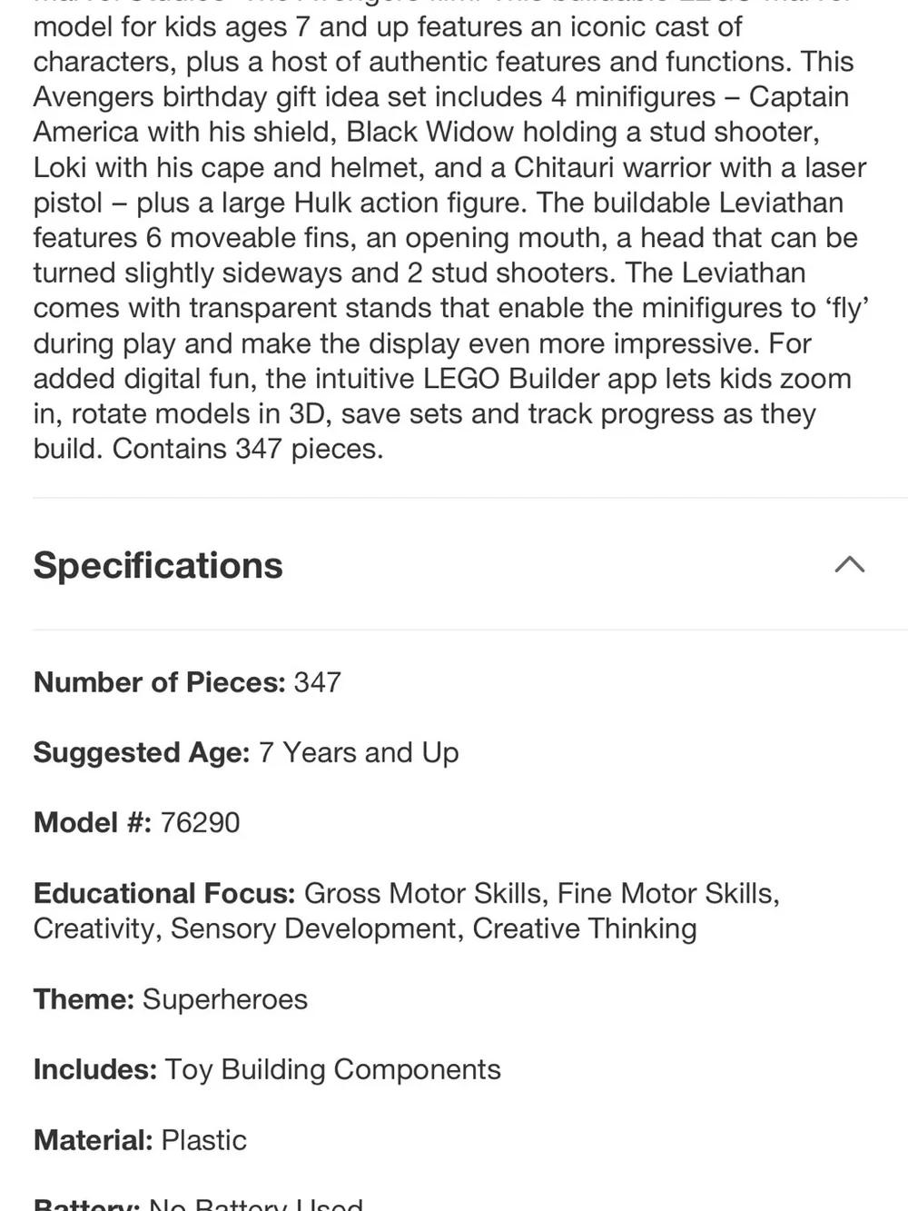 LEGO Marvel The Avengers vs. The Leviathan Superhero Toy 76290